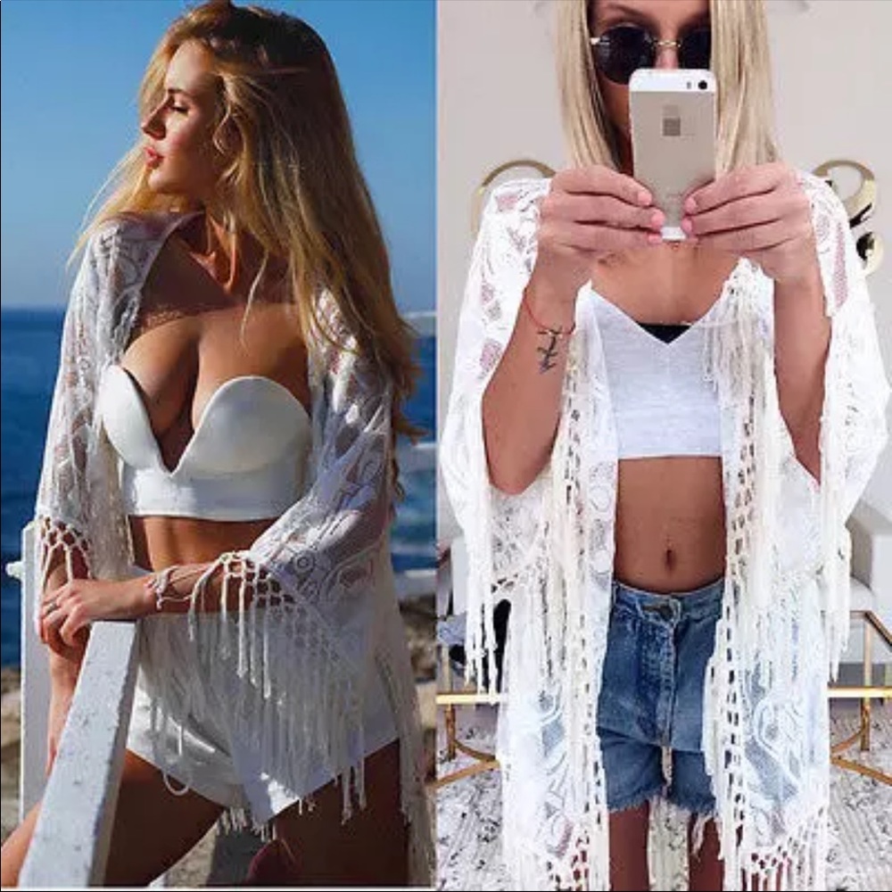 BOHO COVERUP KIMONO WHITE LACE CROCHET - Picture 6 of 6